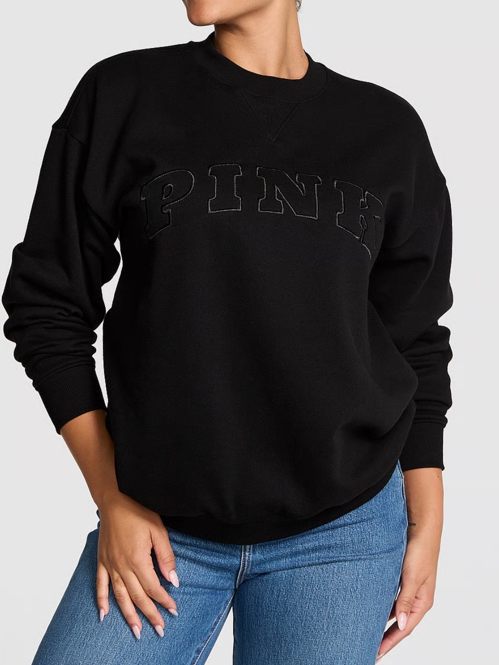 PINK Victoria's Secret Black Crewneck Sweatshirt with Tonal Logo